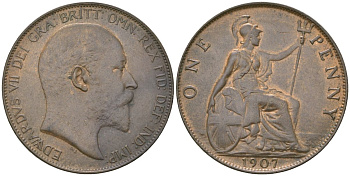 Великобритания 1 пенни 1907 Эдуард VII (1901-1910) KM 794.2, Spink 3990 бронза  aUNC  4590-1123