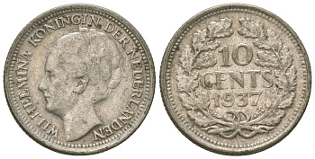 Нидерланды 10 центов 1937 Вильгельмина I (1890-1948) KM 163 серебро 4615-969
