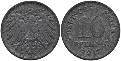 ГЕРМАНИЯ 10 ПФЕННИГОВ 1917 KM 26, J. 299 цинк 33-331