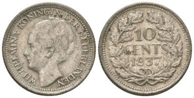 Нидерланды 10 центов 1937 Вильгельмина I (1890-1948) KM 163 серебро 4615-969