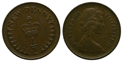 Великобритания 1/2 пенни 1971 Елизавета II (1952-2022) KM 914, Spink 4239 бронза 4384-737