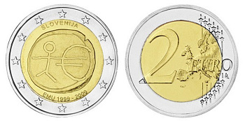Словения 2 евро 2009 10 лет монетарной политики и введения евро KM 82 биметалл UNC M45-01