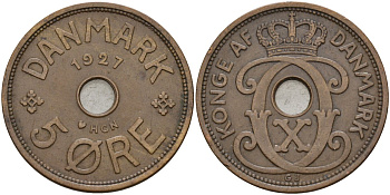 Дания 5 эре 1927 Кристиан X (1912-1947) KM 828 бронза 4565-222
