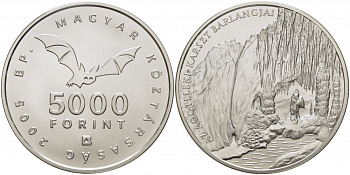 Венгрия 5000 форинтов 2005 карстовые пещеры, тираж 5000 экземпляров KM 782 серебро UNC 1077-7-23