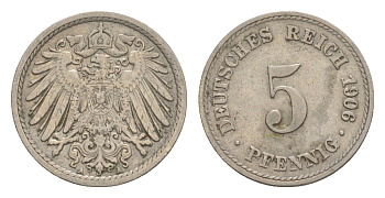 Германия 5 пфеннигов 1906 A, Вильгельм II (1888-1918) KM 11, J. 12 медно-никель 4640-118