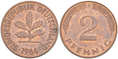 ФРГ 2 ПФЕННИГА 1984 F KM 106а, J. 381а сталь плакированная сталь плакированная медьюю 4181-847
