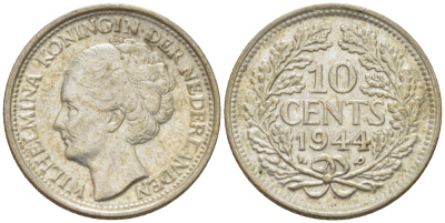 Нидерланды 10 центов 1944 Вильгельмина (1890-1948) KM 163 серебро aUNC 4392-1341