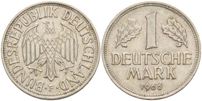 ФРГ 1 МАРКА 1966 F KM 110, J. 385 медно-никель 4551-1247