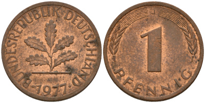 ФРГ 1 пфенниг 1977 J KM 105, J. 380 сталь плакированная медью    4598-557