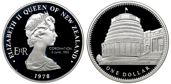 Новая Зеландия 1 доллар 1978 25 лет коронации Елизаветы II и открытие здания Парламента, Елизавета II (1952-2022), в оригинальной коробке KM 47а серебро PROOF 4-3-4-38