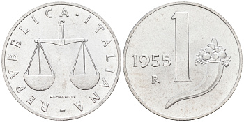 Италия 1 лира 1955 R, весы KM 91 алюминий  UNC  4594-626