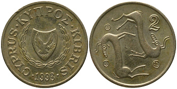 Кипр 2 цента 1993 KM 54.3 никель латунь 4158-458