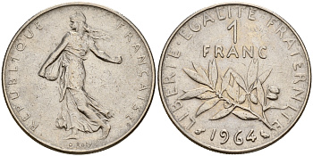 Франция 1 франк 1964 сеятель KM 925.1, Le Franc 226.8 никель    4601-927