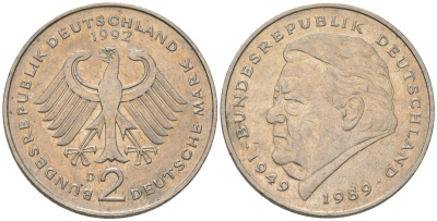 ФРГ 2 марки 1992 D, Франц Йозеф Штраус, 40 лет Федеративной Республике KM 175 медно-никель 4572-942