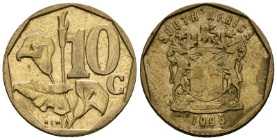 ЮАР 10 центов 1996 цветок KM 135 сталь плакированная латунью 4173-959