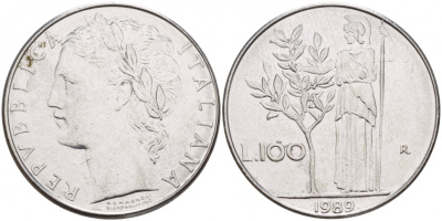 ИТАЛИЯ 100 ЛИР 1989 R, АФИНА У ОЛИВКОВОГО ДЕРЕВА KM 96.1 нержавеющая сталь 4545-734