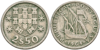 Португалия 2,5 эскудо 1964 парусник KM 590 медно-никель 4364-1345
