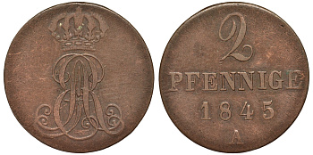 Ганновер 2 пфеннига 1845 A, Эрнст Август (1837-1851) KM 174.1, AKS 122, J. 55 медь 75-1821
