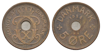 Дания 5 эре 1928 N, Кристиан X (1912-1947) KM 828 бронза 4638-611