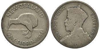 Новая Зеландия 1 флорин 1934 Георг V (1910-1936), птичка киви KM 4 серебро 272-1313