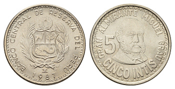 Перу 5 инти 1987 LIMA, Мигель Грау KM 300 медно-никель UNC 3334-526