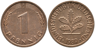 ФРГ 1 пфеннига 1989 F KM 105, J. 380 сталь плакированная медью 99-1264