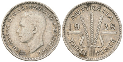 Австралия 3 пенса 1938 Георг V (1936-1952) KM 37 серебро 4621-1147