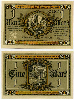 ЭРБАХ-ОДЕНВАЛЬД, ГЕРМАНИЯ 1 МАРКА 1918-1919 НОЯБРЬ 1918 - 1 АПРЕЛЯ 1919, НОТГЕЛЬД, ЗЕМЛЯ ГЕССЕН Geiger 135.01 бумага UNC (ПРЕСС) 8613-15-3-1