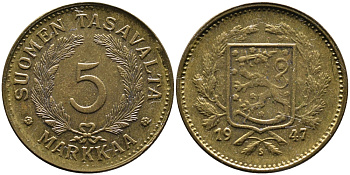 ФИНЛЯНДИЯ 5 МАРОК 1947 S KM 31а латунь 4388-1022