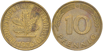 ФРГ 10 пфеннигов 1976 G KM 108, J. 383 сталь плакированная латунью 58-327
