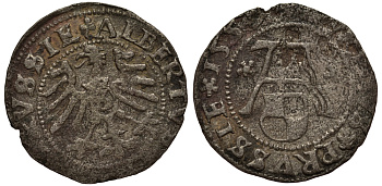Бранденбург-Пруссия 1 шиллинг 1557 Альбрехт (1526-1568), вес 0,93 гр. серебро 1516-242
