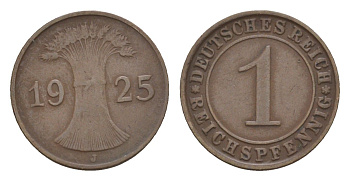Германия 1 рейхспфенниг 1925 J KM 37, J. 313 бронза 4659-144