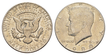 США 1/2 доллара (50 центов) 1980 D, Джон Кеннеди KM A202b медь плакированная медно-никелем aUNC 4367-126