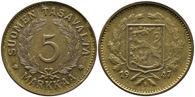 ФИНЛЯНДИЯ 5 МАРОК 1947 S KM 31а латунь 4388-1022