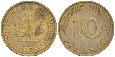 ФРГ 10 пфеннигов 1976 G KM 108, J. 383 сталь плакированная латунью 58-327