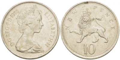 Великобритания 10 пенсов 1976 Елизавета II (1952-2022) KM 912, Spink 4231 (F1) медно-никель  4403-831