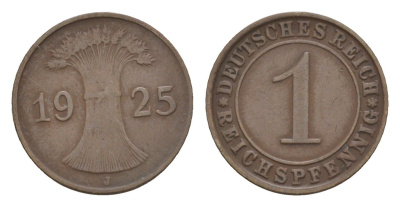 Германия 1 рейхспфенниг 1925 J KM 37, J. 313 бронза 4659-144