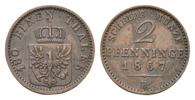 Пруссия 2 пфеннига 1867 B, Вильгельм I (1861-1888) KM 481 медь 4655-1062