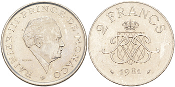 Монако 2 франка 1981 Ренье III (1949-2005) KM 157 никель 190-551