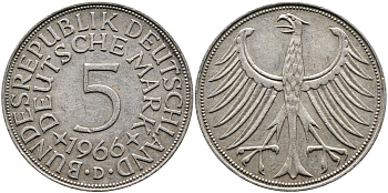 ФРГ 5 марок 1966 D, J. 387, KM 112.1 серебро 4389-331