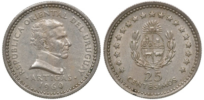 Уругвай 25 сентесимо 1960 KM 40 медно-никель 4169-762