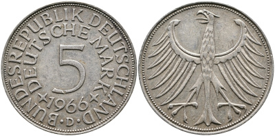 ФРГ 5 марок 1966 D, J. 387, KM 112.1 серебро 4389-331