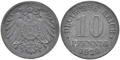 ГЕРМАНИЯ 10 ПФЕННИГОВ 1920 KM 26, J. 299 цинк 4401-146