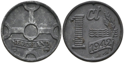 Нидерланды 1 цент 1942 Вильгельмина KM 170 цинк 4567-958