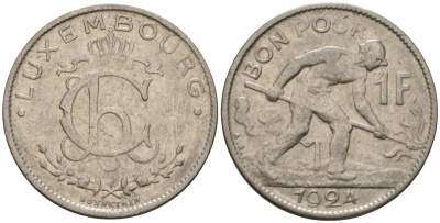 Люксембург 1 франк 1924 сталевар, Шарлотта (1918-1964) KM 35 никель 4603-1045