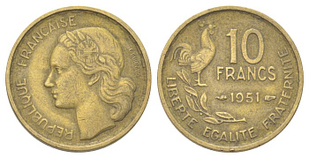 Франция 10 франков 1951 петух KM 915.1, Le Franc 363.4 алюминиевая бронза 4625-432