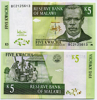 Малави 5 квача 2005 Джон Чилембве, озеро Малави Pick 36 c бумага UNC (пресс) 448-94-1-1