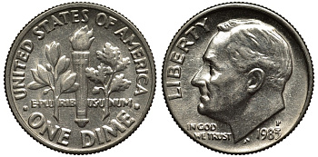 США 10 центов = 1 дайм 1983 Р, Рузвельт KM 195а медь плакированная медно-никелем 186-1011