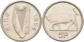 Ирландия 5 пенсов 1994 бык KM 28 медно-никель 92-135