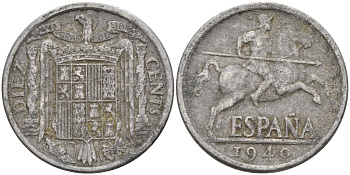 Испания 10 сентимо 1940 всадник KM 766 алюминий 4116-1051